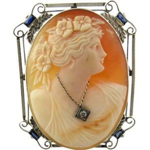 Vintage 14K White Gold Diamond Synthetic Sapphire Cameo Brooch Pendant #1545